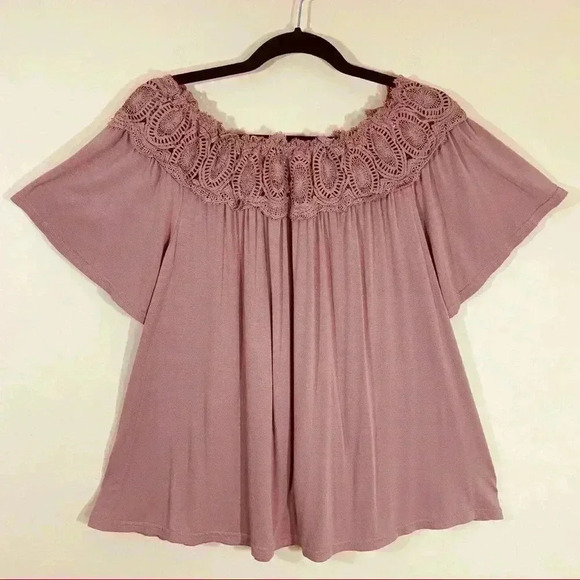 Mittoshop Mauve Off the Shoulder Lace Flare Blouse - Picture 2 of 13